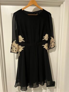 ted baker black dress gold embroidery Ted Baker Black Gold Embroidered Shamari 3/4 Sleeve Midi Dress 1 US 4 S